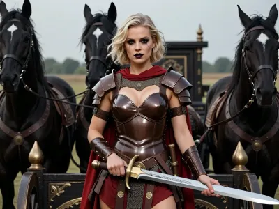 Queen, woman, 39yo, short messy blonde hair, short wavy hair, heavy dark gothic makeup, beautiful face, wearing brown shiny armor, red cape, holding broadsword, standing on a war chariot, roman style, dark oak frame, pulled by 4 large black wild horses