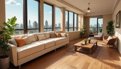 The scene is a high-rise apartment, skyscraper, large floor to ceiling windows, aged mahogany floors, a cream colored leather chaise lounge, a large Epipremnum aureum, money plant, a 75 inch TV is on the wall, a balcony.