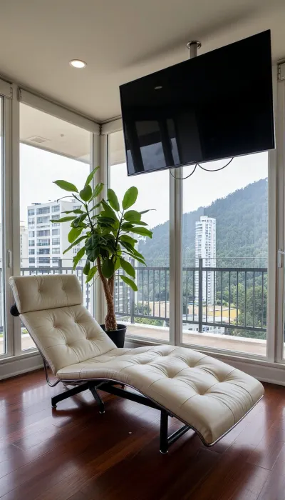 The scene is a high-rise apartment, skyscraper, large floor to ceiling windows, aged mahogany floors, there is a thick cushioned ergonomic cream colored leather chaise lounge, a large Epipremnum aureum, money plant, a 75 inch TV is hanging from the ceiling the 12ft ceiling, a balcony, far in the distance is a mountain that is deeply forested.