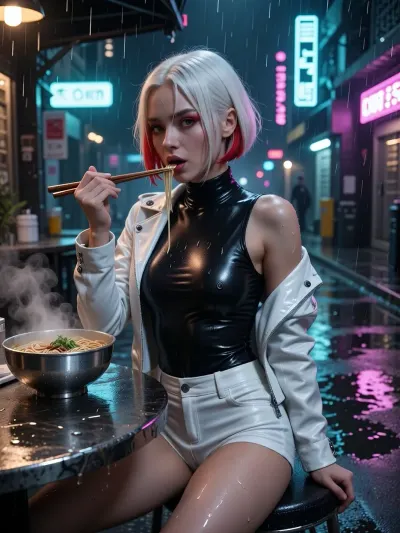 Cinematic cyberpunk portrait of a striking woman with a sharp, chin-length bob, featuring stark white hair with vivid crimson tips. She has translucent pale skin, accented by bold, smudged red eyeshadow and glossy crimson lips. She is seated at a rain-slicked outdoor noodle bar, gracefully lifting chopsticks to her mouth. She wears a crisp white leather jacket draped over a sleek black turtleneck leotard and fitted white shorts. The setting is a dense, high-tech city street at night, saturated with flickering neon signs in cyan and magenta reflected in puddles. Lighting is dramatic, utilizing high-contrast rim lighting and soft, glowing steam from a bowl of noodles. The aesthetic is hyper-realistic with sharp textures, 8k resolution, intricate metallic details, volumetric fog, and a moody, immersive atmosphere. Photorealistic style, shot on 35mm lens, shallow depth of field.