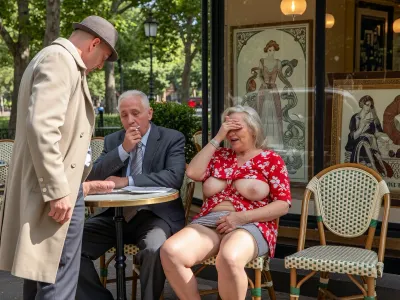 Hyperrealistic photograph, a masterpiece, 8K UHD, impeccable sharpness, a candid shot taken in a sunny public park, two elderly women in their seventies, plump and stout, sit side by side on a wooden bench. A man stands before them, his back to the camera, holding open a beige raincoat and a trilby hat. He exposes his penis to the women. The elderly woman on the right, wearing a gray floral dress, displays a shocked expression, shielding her eyes and averting her gaze. The second elderly woman on the left, in a red floral button-down dress, smiles mischievously as she lowers her dress to reveal her ample breasts and shaved vulva, reaching out to caress her genitals. Detailed skin textures, wrinkles, age spots, linen and wool textures, brilliant natural light, sunlight filtering through the trees, vibrant green park background, cinematic composition, highly detailed, raw image, photorealistic. Concept art
A realistic street scene in Paris, an elderly Caucasian man in a grey suit sitting alone at a small round bistro table on a sidewalk terrace. He is smoking a cigarette, resting his chin on his hand, looking pensive and thoughtful. He is seated on a green and beige woven rattan bistro chair. Next to him is another matching empty chair. In the background, a large shop window reflects soft street light and displays vintage Art Nouveau-style paintings of women in historical dresses. Soft natural daylight, realistic textures of the fabric suit, woven chairs, and painted glass, candid photography style, cinematic lighting, photorealistic.