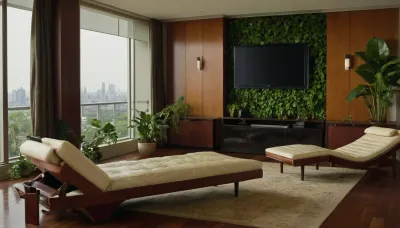 The scene is a high-rise apartment, skyscraper, large floor to ceiling windows, aged mahogany floors, a cream colored leather chaise lounge, a large Epipremnum aureum, money plant, a 75 inch TV is on the wall, a balcony.