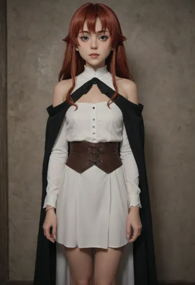 Solo, (Eris Boreas Greyrate from Mushoku Tensei), (Eris is short 5yo), (Eris has a small 5yo body), vibrant red hair, blue eyes, perfectly detailed eyes, huge almond eyes, young face, feminine face, detailed face, she's dress, detached, sleeves, sleeveless, bracelet, bare, shoulders, cape, perfect skin, (small breasts), narrow waist, petite, skinny, a beautiful protruding maiden's pubic area with a narrow pussy, pubic hair, She's in a large royal manor, Eris_Greyrat, eris, greyrat, ((visible height difference:1.6)), Dutch angle, <lora:ahxl_v1:2>, <lora:Eris_Greyrat_XL-10:2>, <lora:eris_greyrat-000007:2>