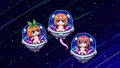Cute, pixel art, under tentacles dome, tranparent dome, 16 bit art, nude, tentacles, pink tentacles, 3 girls, Nino Nakano, Miku Nakano, Yotsuba Nakano, chibi style, zero gravity, above view, vaginal tentacles, diffrrent emotions, space background