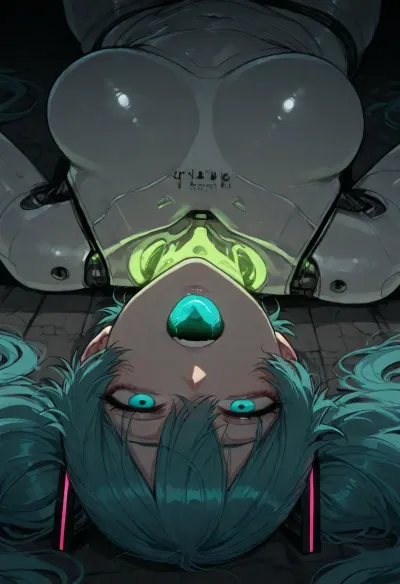(ratatatat74), (Hatsune Miku, emotionless, plastic skin, robot joints, illuminated mouth, glowing mouth, glowing throat), solo, laying down, upside-down, mouth focus, mouth fetish, sucking mouth, open mouth, tongue out, <lora:ratatatat74-000050:2>