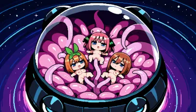 Cute, pixel art, under tentacles dome, tranparent dome, 16 bit art, nude, tentacles, pink tentacles, 3 girls, lies on back, Nino Nakano, Miku Nakano, Yotsuba Nakano, chibi style, tied tentacles, above view, vaginal tentacles, stock arms, stock legs, diffrrent emotions, space background