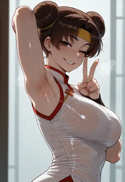 (ratatatat74), (Tenten), solo, armpit fetish, sweaty armpit, smile, wink, peace sign, looking at viewer, side view, <lora:ratatatat74-000050:2>