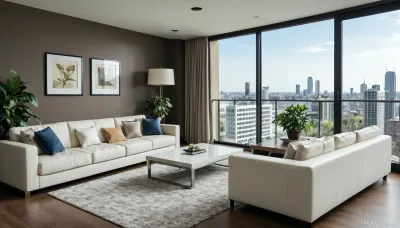 The scene is a high-rise apartment, skyscraper, large floor to ceiling windows, aged mahogany floors, a cream colored leather chaise lounge, a large Epipremnum aureum, money plant, a 75 inch TV is on the wall, a balcony.