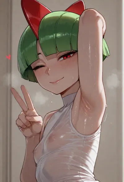 (ratatatat74), (ralts, pokemon), solo, armpit fetish, sweaty armpit, smile, wink, peace sign, looking at viewer, side view, <lora:ratatatat74-000050:2>