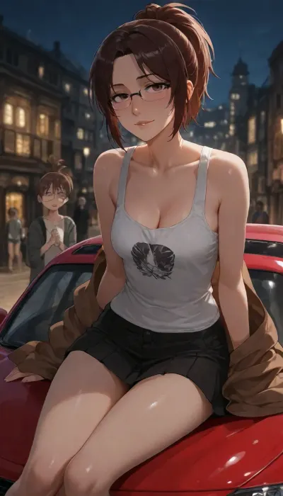 ((Insanely hot)), ((top quality、masterpiece、high sensitivity、high resolution、detailed depiction、depiction of a delicate face、thin face、 cute eyes, defined nose)), ((Hange Zoe from "Attack on titan")), is advanced digital art, glasses, ((tanktop)), miniskirt、sneakers, night street background, ((slim body)), confident, ((extremely confident look in her eyes)), ((poor lighting)), (((sitting on the hood of a mazda miata))), (feminine stance), score_9, score_8_up, score_7_up, score_6_up, (j_cartoon:1.4), Drawing, <lora:hinaTuningFaceDetailer_SDXL-v2-rank256-pruned:.8>
