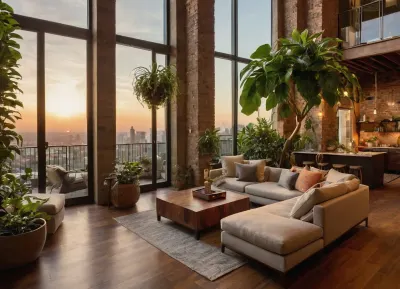 The scene, looking out at the sunset on the corner balcony of a 12 ft ceiling apartment, large floor to ceiling windows, skyscraper, focus on the outside, while balcony has stone floors, the interior which is an open floorplan with aged mahogany wood floors, a cream colored lounge chair is on the inside, a burnt-ornange deck chair can be found on the outside, large ceiling beam goes across the ceiling, stone arch, brick walls, brick walls SEVERAL MATURED PLANTS are on the inside and outside of the apartment, [types of plants include a matured mix of the following], (Epipremnum aureum), (Dracaena trifasciata), (Philodendron scandens), (Hedera helix), far in the distance is a mountain that is deeply forested, one of the plants hangs from the ceiling. The balcony is half ceiling half skylight.