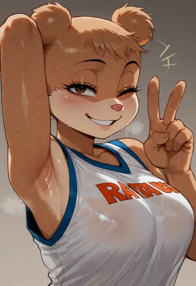 (ratatatat74), (Sandy Cheeks, furry), solo, armpit fetish, sweaty armpit, smile, wink, peace sign, looking at viewer, side view, <lora:ratatatat74-000050:2>