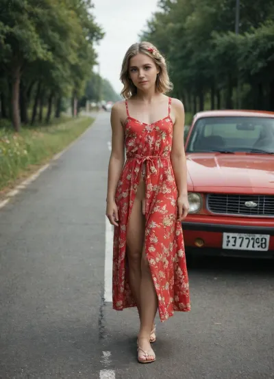 (a femboy hitchhiker by the side of the road:1.4), She raises the thumb of her right hand to flag down a red car approaching her., flower summer dress, show her tiny flaccid penis, on the side of a deserted road, 3/4 view