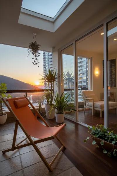 The scene, looking out at the sunset on the corner balcony of a 12 ft ceiling apartment, large floor to ceiling windows, skyscraper, focus on the outside, stone floors on the outside, mahogany wood floors on the inside, inside is an open floor style floorplan, a cream colored lounge chair is on the inside, a burnt-ornange deck chair is on the outside. SEVERAL PLANTS are on the inside and outside of the apartment, [types of plants include a matured mix of the following], (Epipremnum aureum), (Dracaena trifasciata), (Philodendron scandens), (Hedera helix), far in the distance is a mountain that is deeply forested, one of the plants hangs from the ceiling. The balcony is half ceiling half skylight.