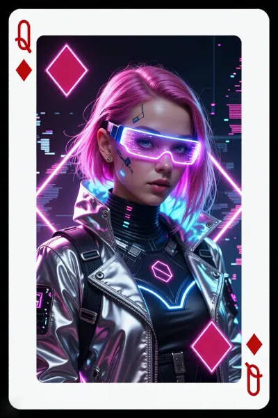 A cyberpunk-style playing card design featuring the Queen of Clubs. A futuristic cyberpunk girl with neon-pink hair, glowing glasses, and a chrome jacket, beneath which the top of a high-tech jumpsuit with a high collar and neon-glowing accents is visible. Cybernetic implants are visible on her face. Holographic effects appear in the background. The design features a classic playing card layout, the letter “Q” and the clubs symbol in the corners. Bright colors, digital art style.