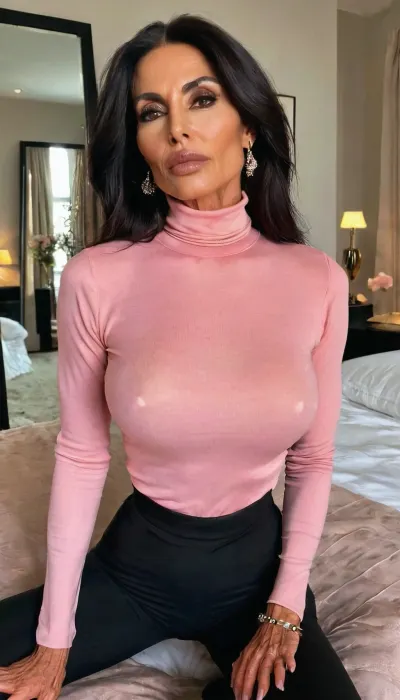 Close up, (two mature women, very slim, muscular, fitted pink turtleneck sweaters, high-waisted black trousers, ankle boots, delicate jewelry, natural brows, soft eyeliner, subtle bronzer, glossy nude lips, tousled hair, confident, stylish, relaxed, bedroom setting, warm natural light, fashion editorial), Sitting on my bed seductively, sexy hands, showing off lips, long dress, seductive face, skinny fit, anorexic, close up, photoshoot posing, ballerina, ((55yo old skin woman)), choker, tattoos, sexy neck, (tan skin), (fit body:1.3), (beautiful black hair Jewish milf instagram model face), (fit body), very beautiful, perfect skinny body, perfect face, looking at the camera, perfect eyes, (skinny fit), pretty, snub-nosed, long hair, <lora:clothed_small:1.8>, <lora:ThePitXL:.8>, large, breasts, big, boobs, huge, tits, <lora:bombshell_v2:.8>, bmbplora, <lora:bimboxl_02:.8>