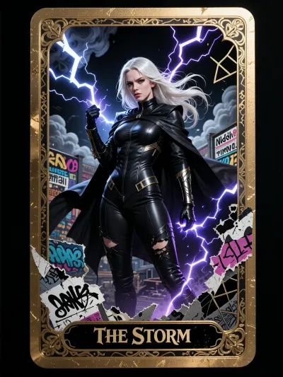 A richly illustrated 8k Sharp tarot card titled “THE STORM” framed by an ornate with visible card gold edges, The tarot card is framed in gold. A full-body, full-torso-to-legs portrait of Storm from X-Men stands poised and commanding, Her iconic long white hair whips outward in the charged air as she stands poised and commanding, shoulders squared, gaze intense, Hand into a fist one hand raised and releasing branching bolts of lightning. Dress her in her unmistakable fitted severely torn black suit with cape, rendered with realistic fabric texture, subtle seams, and sharp highlights. Surround her with a chaotic fusion of grungy underground street culture and vibrant punk rebellion, torn poster fragments, distressed ink, abstract graffiti marks, surreal storm clouds, and fractured geometric motifs, balanced within an ornate tarot frame. A dark palette of black, indigo, and electric purple-blue is pierced by brilliant white lightning and crisp metallic-gold linework. Place “THE STORM” clearly at the bottom in bold, stylized lettering. Use dramatic high-contrast lighting, luminous energy reflections, fine etched details, layered print textures, and tarot card layout with visible card edges. Symmetry anchors the composition while rebellious, explosive details create controlled chaos. Blend realistic character illustration with surrealism, tarot symbolism, underground punk artwork, masterpiece finish, intricate detail, sharp focus, high resolution, powerful and mystical atmosphere.