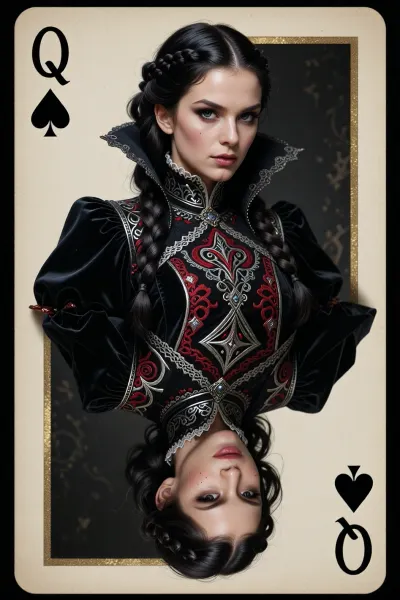 A masterfully crafted, high-definition playing card portrait of the Queen of Spades, designed in a strict traditional two-headed reversible playing card format. The composition features two identical waist-up figures of the same woman joined at the waistline, with the upper figure facing right-side up and the lower figure fully inverted 180 degrees upside-down, mirroring each other seamlessly along the horizontal center of the card.

The subject is a striking brunette woman with silky, raven-black hair styled in intricate, regal braids. She possesses striking pitch-black eyes with intense, piercing depth, prominent natural dimples resting on her cheeks, and a cold, imperious, and dominant expression that demands authority. Both the upright and upside-down figures show her complete face, head, shoulders, and upper torso.

She is draped in opulent, highly detailed dark royal attire crafted from heavy obsidian velvet and midnight-black silk, profusely embellished with ornate crimson and silver embroidery depicting stylized spade motifs, geometric filigree, and medieval gothic patterns. High-cut stiffened collars frame her neck and jawline with exquisite lace trim.

The entire composition is framed within a classic rectangular playing card structure featuring a distinct, slightly aged parchment-textured border with fine gold leaf inner lining. In the top-left corner and the inverted bottom-right corner, the capital letter "Q" is boldly crisp and clearly defined, positioned directly above a pitch-black spade suit symbol.

The lighting is dramatic and controlled, utilizing a refined chiaroscuro setup that highlights the sharp contours of her face, the subtle dimples, the specular glints in her pitch-black eyes, and the intricate micro-textures of the embroidered fabric. Shot with the perceptual characteristics of a prime 85mm optical lens at f/2.8, delivering razor-sharp focus on both mirrored faces and detailed garments, with an ultra-fine grain texture, perfect tonal range, masterwork quality, rich color depth, 8K resolution, uncompromised fidelity.