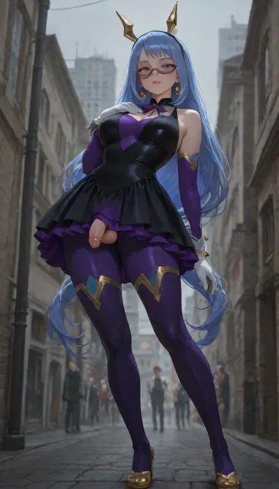 very beautiful character art, 1futanari, an emphemeral beauty, feminine, beautiful hair, beautiful eyes, emphasizing her beautiful body, lovely and detailed outfit, in frame, steady gaze, surrounded by a soft nebula with a gentle glow that highlights her beautiful body, soft focus, soft illumination, depth of field, perfect eyes mature futanari, beautiful background, beautiful composition, breathtaking masterpiece, ultra high quality., (tiny penis:1), small penis, flaccid penis, saggy penis, testicles, she stay in fashion model pose..

Anime art, full body shot, real eyes and face, detailed photo, anime style, real hair, hyperrealistic surroundings, realistic background, detailed, real photo, realistic lighting, 8k UHD, proper shading and shadows, realistic face and fingers, proper body, high quality photo, proper fingers and face.

a beautiful character with balanced proportions and well-made, Hado Nejire from Boku no Hero Academia, she has blue eyes, very long hair, blue hair. Wearing superhero costume, skin tight blue bodysuit with green details in the middle, and white details, white gloves, the girl has ivory skin, a short, voluminous big blue hair, very messy hair, bantu knots, choppy bangs, the girl looks sick, pale skin, tired eyes, weak posture, she is looking over eyewear, is wearing black party dress, paired with orange brown a significantly small, ultra short pleated skirt with ultra short length and a very micro size, and purple white knee length socks, ivory wedge on the feet, teal hairband, cobalt neck ribbon, and lavender bracelet, her outfit is made from glitter satin, features glittery elements incorporated into the satin weave, adding a subtle shimmer to the fabric.

-.
The full scenery is a grounded cityscape perspective with jagged, angular buildings with dark, harsh colors, deep reds, blacks, and steel grays, crumbling structures and sharp, spiked elements dominate the skyline, chaotic, fragmented pathways create a sense of unease and danger in the city