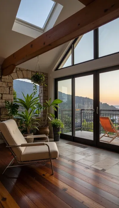The scene, looking out at the sunset on the corner balcony of a 12 ft ceiling apartment, large floor to ceiling windows, skyscraper, focus on the outside, while balcony has stone floors, the interior which is an open floorplan with aged mahogany wood floors, a cream colored lounge chair is on the inside, a burnt-ornange deck chair can be found on the outside, large ceiling beam goes across the ceiling, stone arch, SEVERAL MATURED PLANTS are on the inside and outside of the apartment, [types of plants include a matured mix of the following], (Epipremnum aureum), (Dracaena trifasciata), (Philodendron scandens), (Hedera helix), far in the distance is a mountain that is deeply forested, one of the plants hangs from the ceiling. The balcony is half ceiling half skylight.