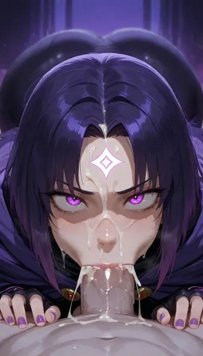 1girl, Raven, Titans, 32, big eyes, glowing eyes, glowing diamond gem on forehead, purple hair, pale skin, purple cloak, sucking green viewer pov, (deepthroat deep), (face against crotch), cum flowing on equine penis, (facialized, excessive cum on face), hands on crotch, fingerless gloves, purple nail polish, entirely glowing purple background, closeup