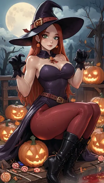 (innv meets jack cayless style), (reiq style, masterpiece, cel-shaded, limited color palette), ((Beautiful Muscles Sexy Wendy corduroy from Gravity Falls anime body:1.4)), (1girl, solo, alone, 21 year old woman), (long reddish hair just past her hips), (gorgeous, seductive face, green eyes, freckles, perfect ads, perfect breast, muscles body, muscles arms, perfect hands, muscles legs, perfect ass, sweaty body), (((witch hat), (tight Hot Sexy Witch Costume), (Witch black gloves), (Witch stub earrings), (Witch boots), (Witch Belt))), (trick or treat pose), (Halloween Candy, ghost, jack o lanterns pumpkins, candy, blood, moon, steam, wood, smoke, sauna background), ultraviolet light, LoL, Style, ratatatat74, <lora:LCMTurboMix_Euler_A_fix:2>, <lora:mk_Bp Anime_xl:2>, <lora:FF-Halloween-Full:2>, <lora:EnvySorceressXL01:2>, <lora:ratatatat74-000050:2>