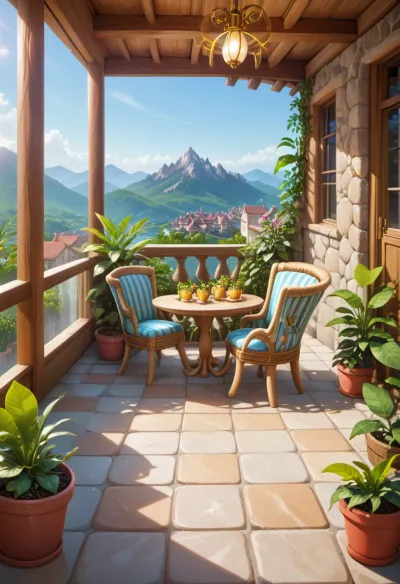 The scene, looking out at the sunset on the corner balcony of a 12 ft ceiling apartment, large floor to ceiling windows, skyscraper, focus on the outside, stone floors on the outside, mahogany wood floors on the inside, inside is an open floor style floorplan, a cream colored lounge chair is on the inside, a burnt-ornange deck chair is on the outside. SEVERAL PLANTS are on the inside and outside of the apartment, [types of plants include a matured mix of the following], (Epipremnum aureum), (Dracaena trifasciata), (Philodendron scandens), (Hedera helix), far in the distance is a mountain that is deeply forested, one of the plants hangs from the ceiling. The balcony is half ceiling half skylight.