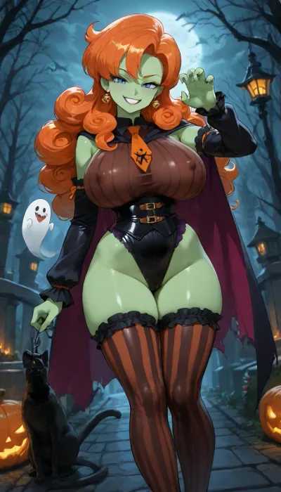 A digital anime illustration of the very pale skinned character. 1girl, zangya from Dragon Ball Z, has orange curly hair, green skin, colored skin, blue eyes, big eyes, black lipstick, large breasts, wide hips, (exhibitionist, exhibitionism, covered nipple, covered crotch), nude naked tight fitting Painted clothes shaped like, (aqua necktie, cape, detached sleeves, frills, halloween costume, jack-o'-lantern, vertical-striped thighhighs, vertical-striped, She looks at the viewer with a toothy grin, holding one hand up in a playful claw pose. A small black cat stands behind her. The background is a gloomy manor house in the middle of a cemetery. Spreading legs, halloween ambiance, ghost, spider web)