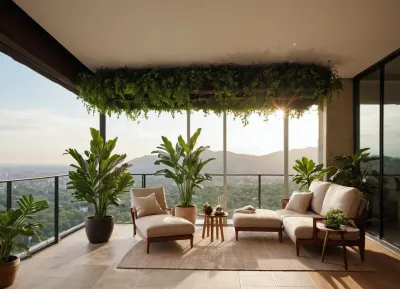 The scene, looking out at the sunset on the corner balcony of a 12 ft ceiling apartment, large floor to ceiling windows, skyscraper, focus on the outside, while balcony has stone floors, the interior which is an open floorplan with aged mahogany wood floors, a cream colored lounge chair is on the inside, a burnt-ornange deck chair can be found on the outside, large ceiling beam goes across the ceiling, stone arch, brick walls, brick walls SEVERAL MATURED PLANTS are on the inside and outside of the apartment, [types of plants include a matured mix of the following], (Epipremnum aureum), (Dracaena trifasciata), (Philodendron scandens), (Hedera helix), far in the distance is a mountain that is deeply forested, one of the plants hangs from the ceiling. The balcony is half ceiling half skylight.