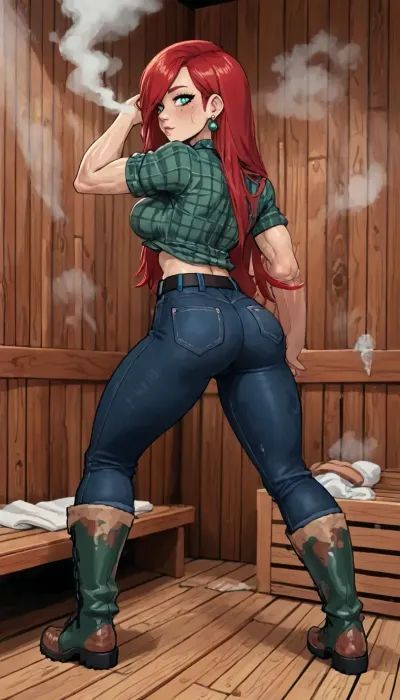 (innv meets jack cayless style), (reiq style, masterpiece, cel-shaded, limited color palette), ((Beautiful Muscles Sexy wendy corduroyfrom Gravity Falls anime body:1.6)), (1girl, solo, alone, 21 year old woman), (long red hair just past her hips), (gorgeous, seductive face, green eyes, freckles, perfect ads, perfect breast, muscles are well defined, muscles body, muscles arms, perfect hands, muscles legs, perfect ass, sweaty body), (green plaid shirt), (dark blue jeans), (green stub earrings), (Tactical Equipment Belt), (muddy rain boots), (standing pose), (steam, wood, smoke, sauna background), ultraviolet light, LoL, Style, lineart, line, art, flat, colors, color, <lora:LCMTurboMix_Euler_A_fix:2>, <lora:lineartSDXL:2>, <lora:mk_Bp Anime_xl:2>, <lora:EnvyBeautyXL02:2>, <lora:GravityFalls_Style:2>
