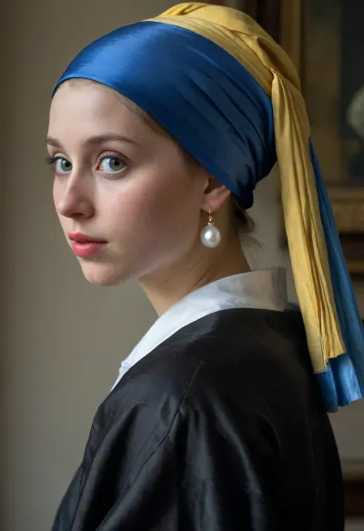 woman, Vermeer "Girl with a Pearl Earring", 18 yo, very huge tits, Pearl Earring, side view