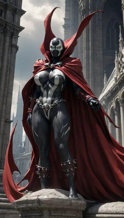 Spawn comic book character, female, huge breasts, full figure, cape blowing in the wind, bowing on a cathedral roof, holding onto a stone pillar, spawn_style, spawn, evang, <lora:SPAWN_XL:.9>