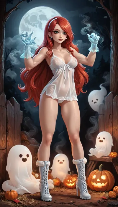(innv meets jack cayless style), (reiq style, masterpiece, cel-shaded, limited color palette), ((Beautiful Muscles Sexy Wendy corduroy from Gravity Falls anime body:1.4)), (1girl, solo, alone, 21 year old woman), (long reddish hair just past her hips), (gorgeous, seductive face, green eyes, freckles, perfect ads, perfect breast, muscles body, muscles arms, perfect hands, muscles legs, perfect ass, hard nipples, pubic hair, perfect pussy, sweaty body), (((tight see throw Sexy Swirly Ghost white neon nightgown underwear), (tight see throw Sexy Swirly Ghost white neon thong), (see throw Swirly Ghost white neon gloves), (tight see throw Sexy Swirly Ghost white neon lace laggings), (Swirly Ghost stub earrings), (ghost white neon high heel boots))), (trick or treat pose), (Halloween Candy, ghost, jack o lanterns pumpkins, candy, blood, moon, steam, wood, smoke, sauna background), ultraviolet light, LoL, Style, ratatatat74, SW1RLYGH0ST, made, of, ghosts, <lora:LCMTurboMix_Euler_A_fix:2>, <lora:mk_Bp Anime_xl:2>, <lora:FF-Halloween-Full:2>, <lora:ratatatat74-000050:2>, <lora:SW1RLYGH0ST_sdxl:2>