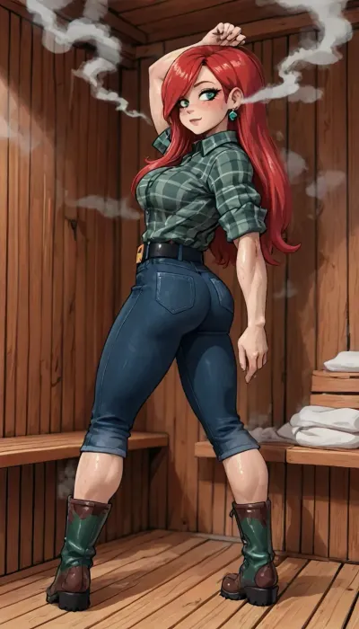 (innv meets jack cayless style), (reiq style, masterpiece, cel-shaded, limited color palette), ((Beautiful Muscles Sexy wendy corduroyfrom Gravity Falls anime body:1.6)), (1girl, solo, alone, 21 year old woman), (long red hair just past her hips), (gorgeous, seductive face, green eyes, freckles, perfect ads, perfect breast, muscles are well defined, muscles body, muscles arms, perfect hands, muscles legs, perfect ass, sweaty body), (green plaid shirt), (dark blue jeans), (green stub earrings), (Tactical Equipment Belt), (muddy rain boots), (fornt standing pose), (steam, wood, smoke, sauna background), ultraviolet light, LoL, Style, lineart, line, art, flat, colors, color, <lora:LCMTurboMix_Euler_A_fix:2>, <lora:lineartSDXL:2>, <lora:mk_Bp Anime_xl:2>, <lora:EnvyBeautyXL02:2>, <lora:GravityFalls_Style:.8>