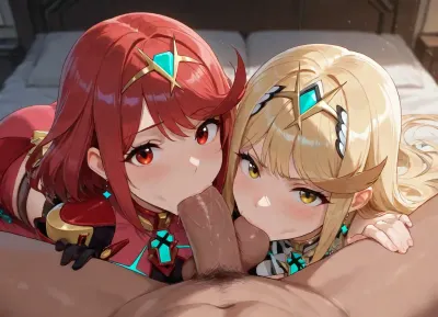 masterpiece, best quality, highly detailed, clear liner art style, 2 girls, (homura from Xenoblade_2, red outfits), (hikari from Xenoblade_2, golden outfits), (Xenoblade_2 art style:1.3), .
hikari giving deep_throat blowjob to a man, homura and hikari blowjob together, homura sucking testicles, POV, in bedroom, detailed fingers, detailed cock