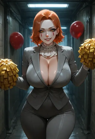 masterpiece, best quality, absurdres, newest, highres, very aesthetic, 1girl, solo, adult, mature female, genderswap_, (mtf), pennywise, clown, orange_hair, short_hair, yellow_eyes, facepaint, white_makeup, red_lines_on_cheeks, red_nose, sharp_teeth, wide_grin, neck_ruff, frills, grey_suit, orange_pom_poms, white_gloves, holding, red_balloon, standing, looking_at_viewer, sinister_smile, dark_sewer, dramatic_lighting, cinematic_lighting