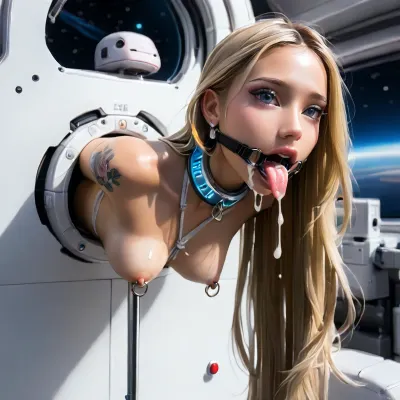 (spacecraft large control large room:1.4), (POV slightly side view:1.3), ((narrow innocent looking face:1.6)), (light very white high-tech sci-fi bdsm machine behind:1.7), ((white machine up to height of breast:1.8)), (young beautiful petite woman:1.7), (((girl is stuck leaning forward up in a small horizontal hole with bdsm light machine behind:1.6))), ((lower body hidden to breasts into horizontal big machine behind:1.9)), ((lever rod fixed to back of head from behind:1.8)), (arms behind in machine:1.7), (((stuck from small horizontal rim machine behind:1.6))), ((electronic mouth spreader ring gag:1.7)), (very wide open mouth:1.6), ((model cutie:1.8)), (perfect:1.5), (slender fit skinny:1.6), (small thin waist:1.3), (tattooed wide shoulders:1.4), (clear narrow detailed perfect light blue-grey eyes:1.6), (she looking up:1.3), (perfect lips), ((very long wide smooth light white tongue out down:1.7)), ((round tongue's end:1.6)), (piercing on center of tongue:1.3), (cum flows out from mouth:1.7), (cum on face:1.3), (glowing light white massive very oversized electronic collar device around very short throat:1.6), (blonde smooth silky long hair:1.5), ((very large distance between rounded large spherical breasts:1.6)), (tan fair very oiled skin:1.6), (very beautiful perfect face:1.7), thin beautiful eyebrows, (very gorgeous:1.5), (sexy:1.4), (nipple ring piercings:1.4), (satisfied:1.6), (tattoo:1.3), (seductive sexy makeup:1.5), (long black eyelashes:1.4), lipstick, (stunning:1.3), (dimples on cheeks:1.4), (portholes:1.1), (masterpiece:1.1), <lora:skinny11:.5>, <lora:Microwaist_XL_v01:1.5>
