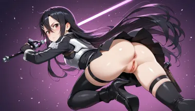 Kirito sword art online, gan gale online, Long black hair, cute face, dynamic pose, fatigue, uses a swordsmans skill, Purple lightsaber in right hand, A black pistol in his left hand, an empty pistol holster on his left hip, no panties under skirt, full body, full length shot, Small ass, anus open hole, horny clitoris, ((boots with very high heels)), ((1girl, solo))