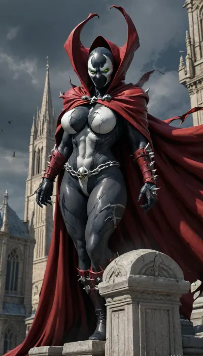Spawn comic book character, female, huge breasts, full figure, cape blowing in the wind, bowing on a cathedral roof, holding onto a stone pillar, spawn_style, spawn, evang, <lora:SPAWN_XL:.9>