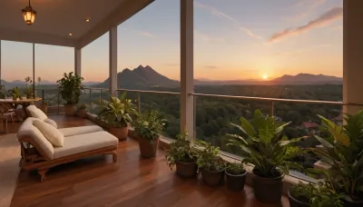 The scene, looking out at the sunset on the corner balcony of a 12 ft ceiling apartment, large floor to ceiling windows, skyscraper, stone floors on the outside, mahogany wood floors on the inside, inside is an open floor style floorplan, a cream colored lounge chair on the inside, a burnt-ornange deck chair on the outside. SEVERAL PLANTS are on the inside and outside of apartment, [types of plants include a matured mix of the following], (Epipremnum aureum), (Dracaena trifasciata), (Philodendron scandens), (Hedera helix), far in the distance is a mountain that is deeply forested, one of the plants hangs from the ceiling. The balcony is half ceiling half open sky.