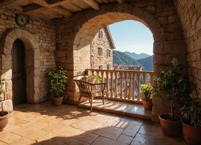 The scene, looking out at the sunset on the corner balcony of a 12 ft ceiling apartment, large floor to ceiling windows, skyscraper, focus on the outside, while balcony has stone floors, the interior which is an open floorplan with aged mahogany wood floors, a cream colored lounge chair is on the inside, a burnt-ornange deck chair can be found on the outside, large ceiling beam goes across the ceiling, stone arch, brick walls, brick walls SEVERAL MATURED PLANTS are on the inside and outside of the apartment, [types of plants include a matured mix of the following], (Epipremnum aureum), (Dracaena trifasciata), (Philodendron scandens), (Hedera helix), far in the distance is a mountain that is deeply forested, one of the plants hangs from the ceiling. The balcony is half ceiling half skylight.