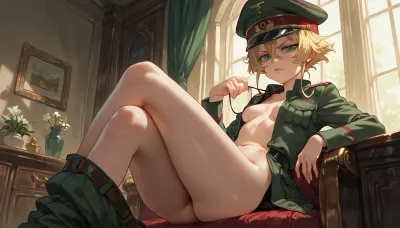 Youjo Senki, The Saga of Tanya the Evil, ((medium breast)), calm and focused, (young:1.6), anger, contempt, military uniform, an old military office, solo, full-length view, manicure, arrogant, pants are down, no bra, no panties, ((1girl, solo))
