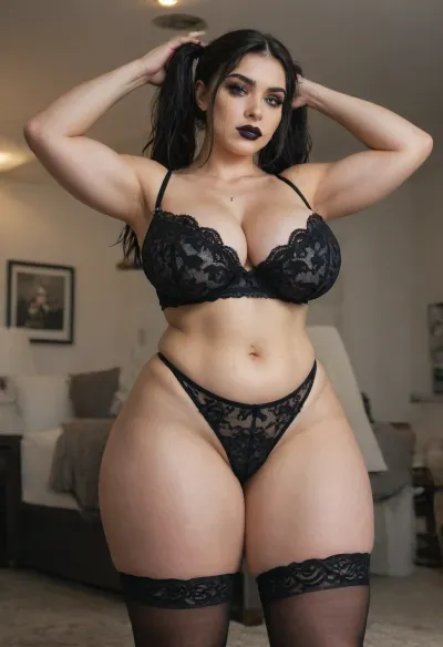score_9, score_8_up, score_7_up, rating_explicit, 1girl, German, caucasian, 23 years old, cute round innocent face, innocent eyes, pale skin, two long black ponytails, gothic style, goth makeup, eyeliner, black lipstick, (round soft belly:1.15), visible tummy, soft fat rolls, thick thighs, gigantic silicone breasts, extremely huge cleavage, tattoos, stretch, marks, (wearing dark Green lingerie:1.2), black mesh stockings, red Platform Shoes, playing with hair, hand in hair, (black bedroom at night:1.2), (purple LED strip lights on ceiling:1.2), moody Lights, blue neon ambient glow, dark gothic room, candid amateur photo, photo, direct flash, (low light photo:1.2), perfecteyes, <lora:stretch_marks:.2>, <lora:lora-sdxl-perfect-eyes:.8>, <lora:SDXL_Erica_Lindbeck_-_Voice_Actress:1.5>