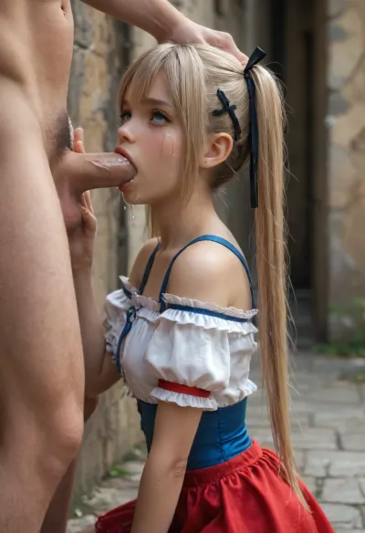 Hd, ultra realistic, (female Ultra skinny:1.3), 6year old girl but looks younger, cute innocent face, very skinny, very petite, (skinny petite), (petite young:1.6), young petite gracile sexy girl, sexy Skinny, (marie rose from doa), tight top, pokies, dark medieval alley, giant clothed male, (man's body out of picture), (giant oversized thick cock), size difference, size play, blushing profusely, sad, (crying:1.6), (ruined makeup:1.4), oral invitation, (deepthroat:1.6), (rough deepthroat), on knees, (female's back is against the wall), cum dripping out of mouth, big cum drips, lots of drool, lots of saliva, (cum drool), cum on clothes
