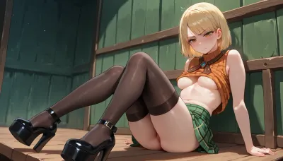 ashley graham, re4r, manicure, petite build, calm and focused, (young:1.5), irritation, discomfort, no bra, offended, medium breast, high platform heels, stockings, no panties, green plaid skirt, ((1girl, solo))