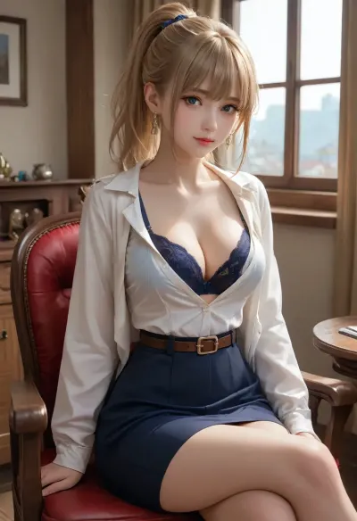 1girl, breasts, blonde_hair, cleavage, blue_eyes, solo, sitting, bra, underwear, earrings, jewelry, large_breasts, thighs, looking_at_viewer, long_hair, skirt, belt, window, indoors, chair, ponytail, crossed_legs, black_bra, closed_mouth, collarbone, blush, bra_peek, high_ponytail, bangs, jacket, long_sleeves, brown_belt, smile, lace-trimmed_bra, blue_skirt, high-waist_skirt
