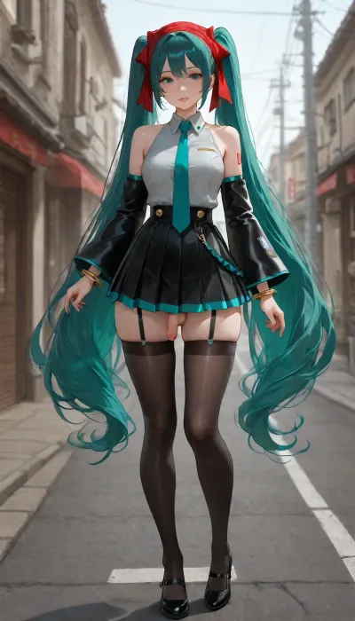 very beautiful character art, 1futanari, an ephemeral beauty, feminine, beautiful hair, beautiful eyes, emphasizing her beautiful body, lovely and detailed outfit, in frame, steady gaze, surrounded by a soft nebula with a gentle glow that highlights her beautiful body, soft focus, soft illumination, depth of field, perfect eyes, beautiful background, beautiful composition, breathtaking masterpiece, ultra high quality., (tiny penis:1), small penis, flaccid penis, saggy penis, testicles, she stay in fashion model pose.

Anime art, full body shot, real eyes and face, detailed photo, anime style, real hair, hyper-realistic surroundings, realistic background, detailed, real photo, realistic lighting, 8k UHD, proper shading and shadows, realistic face and fingers, proper body, high quality photo, proper fingers and face.

a beautiful character with balanced proportions and well-made, Hatsune Miku she has aqua-eyes, aqua-hair, long hair. Wearing grey shirt, black detached sleeves, aqua necktie, black pleated miniskirt, black thigh-highs, the girl has ivory skin, long black hair, curly hair, undercut, fanged bangs, the girl looks lonely, distant eyes, closed posture, quiet expression, she is looking at hand, is wearing black yukata, paired with cerulean a significantly small, ultra short pleated skirt with ultra short length and a very micro size, and dark blue garter belt, dark green stiletto on the feet, dark red head scarf, light blue locket, and cream bracelet.

-.
The full scenery is a grounded urban perspective, modern storefronts with concrete buildings, modern utility pole, road marking, and signage