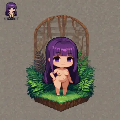 (Cute, pixel art, 16 bit art, chibi style), (Fern, naked), solo, white background, Spot illustration