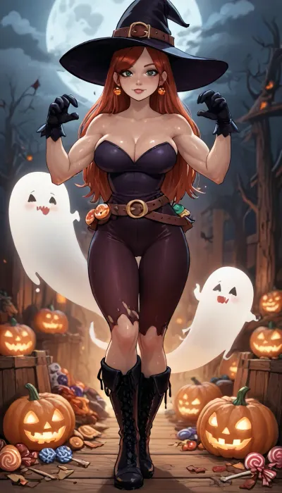 (innv meets jack cayless style), (reiq style, masterpiece, cel-shaded, limited color palette), ((Beautiful Muscles Sexy Wendy corduroy from Gravity Falls anime body:1.4)), (1girl, solo, alone, 21 year old woman), (long reddish hair just past her hips), (gorgeous, seductive face, green eyes, freckles, perfect ads, perfect breast, muscles body, muscles arms, perfect hands, muscles legs, perfect ass, sweaty body), (((witch hat), (tight Hot Sexy Witch Costume), (Witch black gloves), (Witch stub earrings), (Witch boots), (Witch Belt))), (trick or treat pose), (Halloween Candy, ghost, jack o lanterns pumpkins, candy, blood, moon, steam, wood, smoke, sauna background), ultraviolet light, LoL, Style, ratatatat74, <lora:LCMTurboMix_Euler_A_fix:2>, <lora:mk_Bp Anime_xl:2>, <lora:FF-Halloween-Full:2>, <lora:EnvySorceressXL01:2>, <lora:ratatatat74-000050:2>