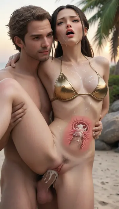 30 year old woman, (Katara:1.3), enamored, horny, glad, passionate, ahegao, head thrown back, in a tight golden bikini, a tall 40 year old male, big white cock, vaginal penetration, vaginal sex, getting fucked in her vagina by a huge white man, one leg up, standing position, ((a guy is shooting a huge amount of cum inside Azula's womb, creampie, huge creampie, cum, bukkake, belly bulge)), (((detailed x-ray on the belly))), detailed faces, eyes, on a beach, ((at sunset))